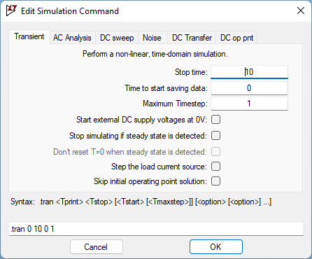 Paramètres de simulation LTSpice - Pont diviseur de tension