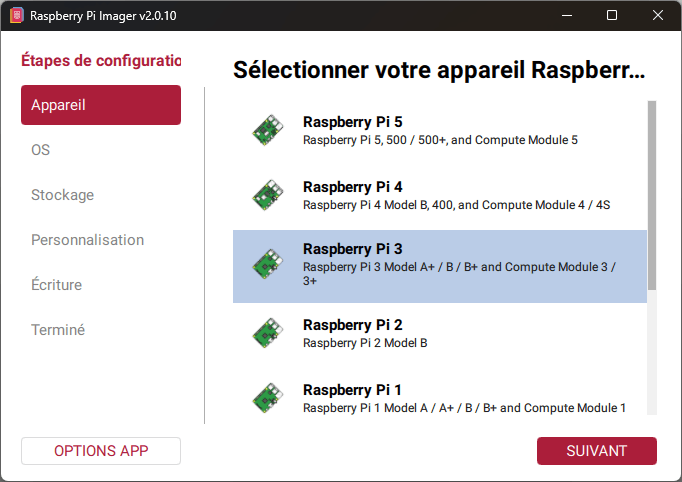 Sélectionnez le modèle de votre carte Raspberry Pi