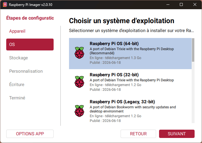 Sélectionnez la version de l'image Raspberry Pi OS