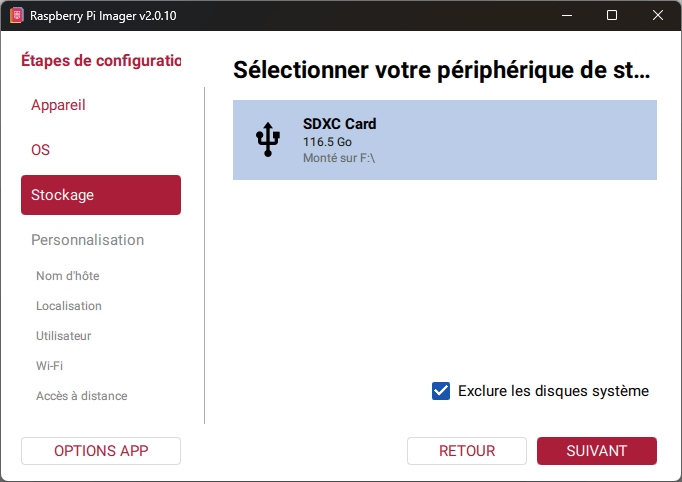 Sélectionnez la carte microSD pour installer l'image Raspberry Pi
