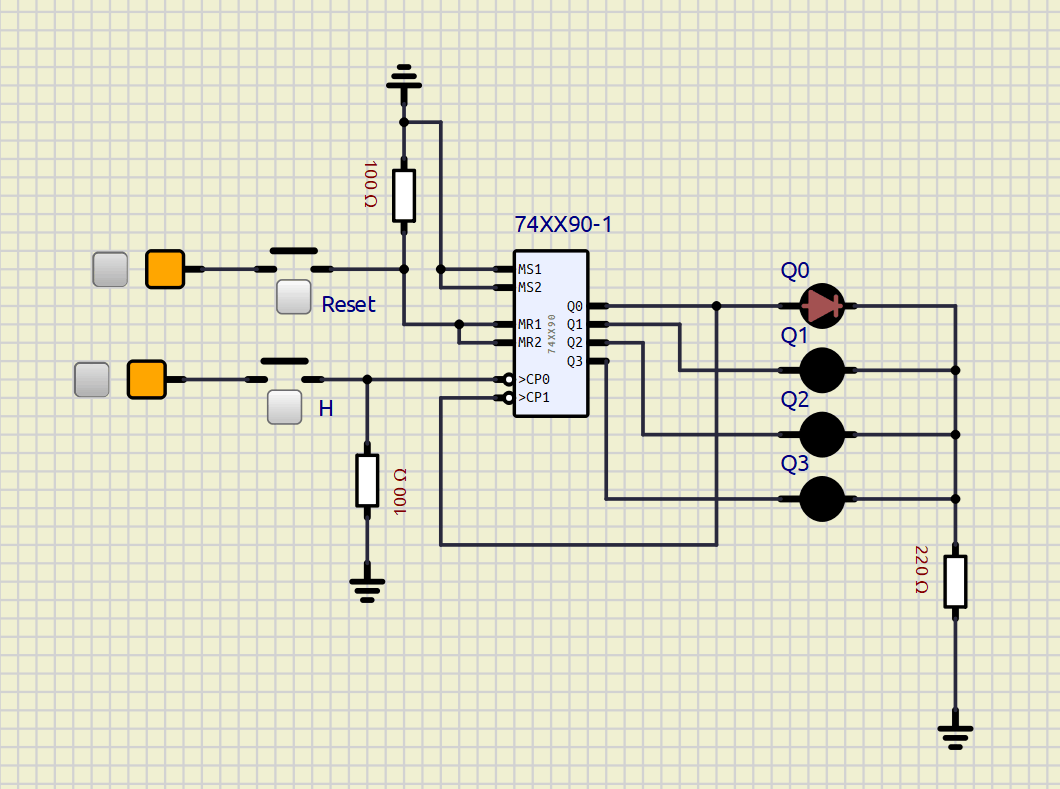 Schéma d'un décompteur BCD asynchrone modulo 10 sous SimulIDE