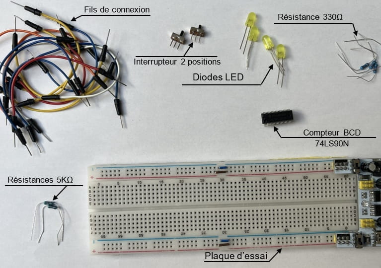 Liste du matériel nécessaire pour la réalisation d'un compteur BCD asynchrone (à base d'un 74LS90N)