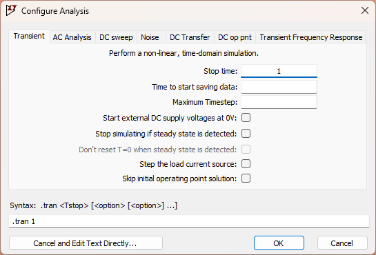 Paramètre de la simulation sous LSpice