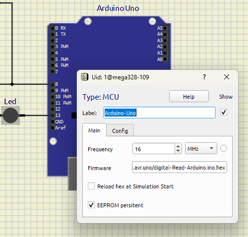 Propriété de la carte Arduino sous SimulIDE