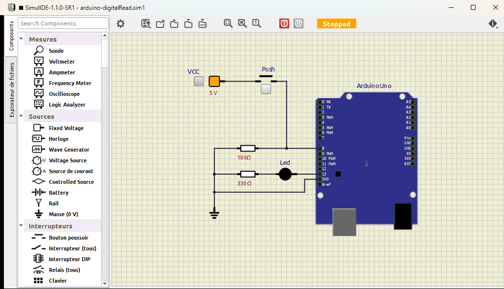 Modélisation du montage "commander une diode LED (lire et écrire)" avec Arduino sous la solution SimulIDE