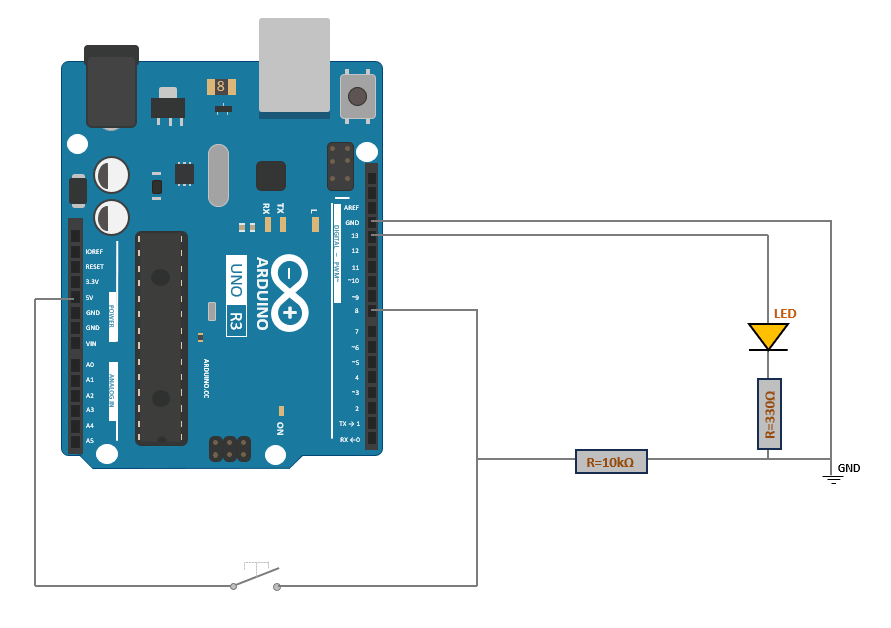 Schéma d'un montage de commande d'une diode LED depuis  un bouton poussoir  avec une carte Arduino Uno