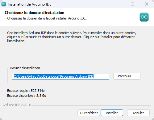 Etape 3 : Choix du dossier d'installation - Installation Arduino IDE
