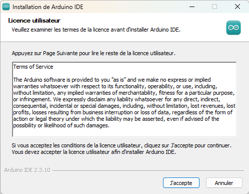 Etape 1 : Contrat de licence utilisateur - Installation Arduino IDE
