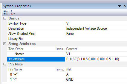 Configuration de la source V1 (fonction PULSE)