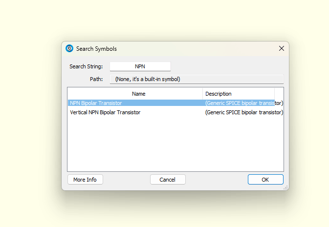 Paramétrage du transistor BC547 sous QSpice (chargement du fichier modèle)