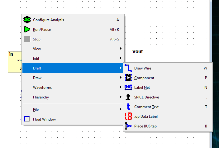 Ajouter une annotation sur un fil sous Ltspice (menu rapide projet)