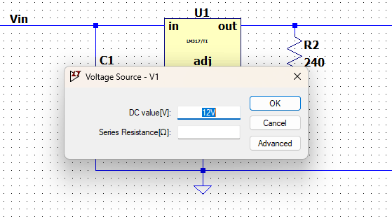Configuration d'une source d'alimentation fixe V1 sous Ltspice