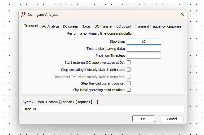 La fenêtre de la configuration SPICE sous Ltspice