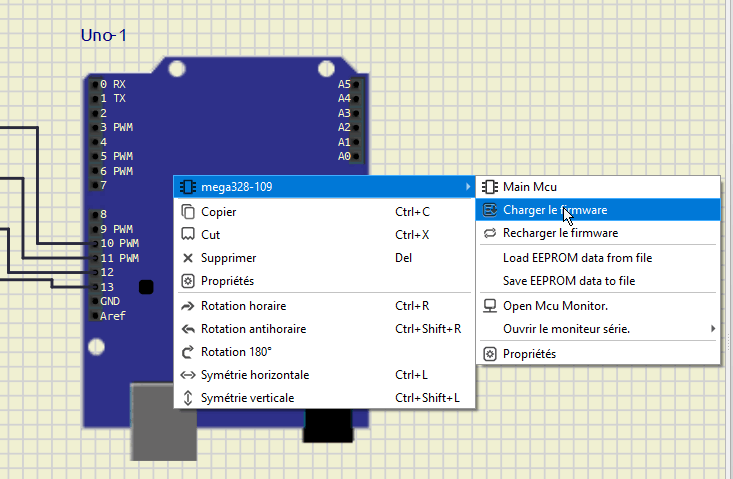 Propriété de la carte Arduino Uno sous SimulIDE