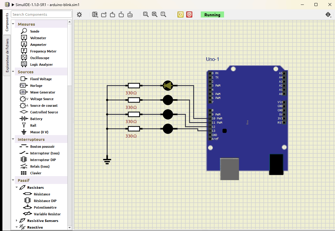 Modélisation du montage Arduino Nano avec une seule LED sous la solution SimulIDE