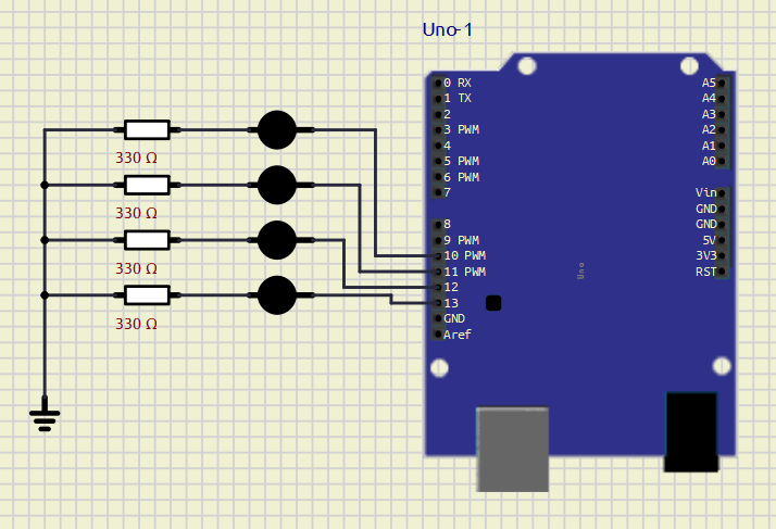 Schéma d'un montage pour commande séquentielle à base de 4 diodes LED avec une carte Arduino Uno