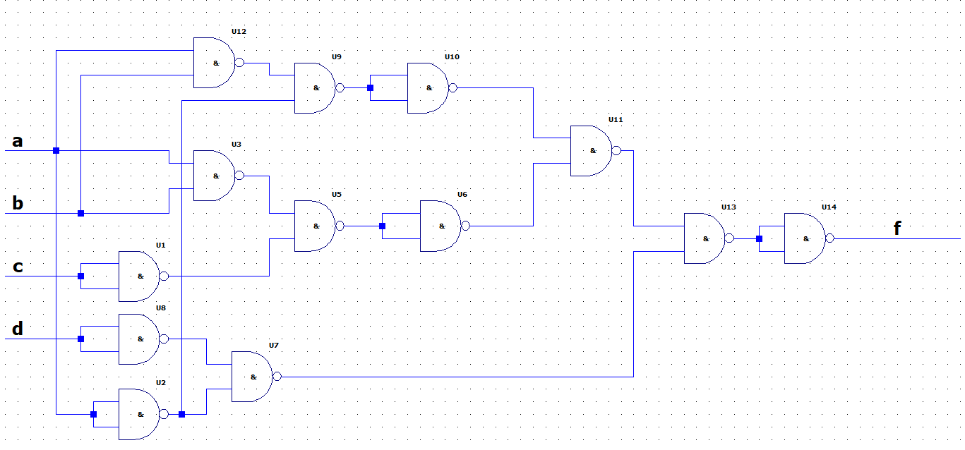 Sortie f : diagramme modélisé sous Ltspice avec des NAND uniquement