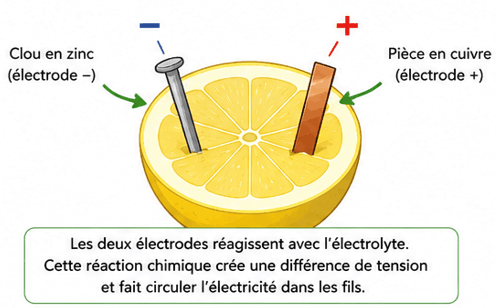 La pile à citron et les électrodes